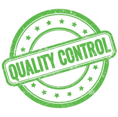 Yeşil vintage grungy yuvarlak kauçuk mühür üzerinde kalite denetimi metni.