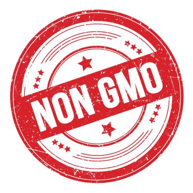 Kırmızı yuvarlak grungy doku damgasıyla ilgili GDO olmayan metin.