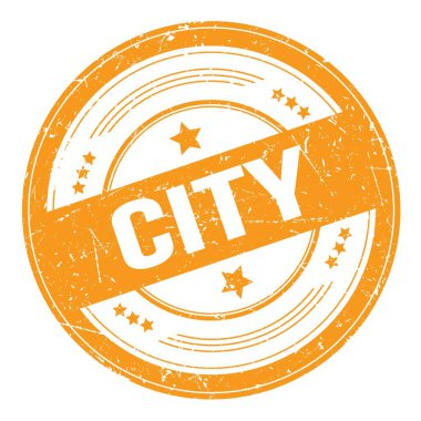 Turuncu yuvarlak grungy doku damgası üzerine şehir metni.