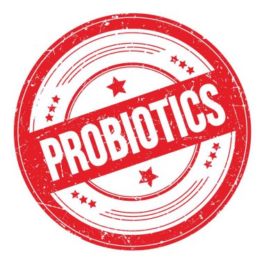 Kırmızı yuvarlak grungy doku damgası üzerine PROBIOTICS metni.