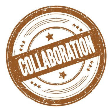 Kahverengi yuvarlak yuvarlak dokuma damgası üzerine CollaBoration metni.