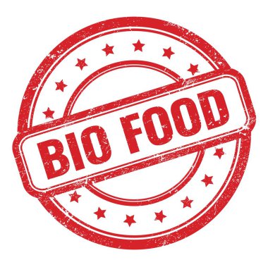 Kırmızı grungy vintage lastik damgalı BIO FOOD metni.