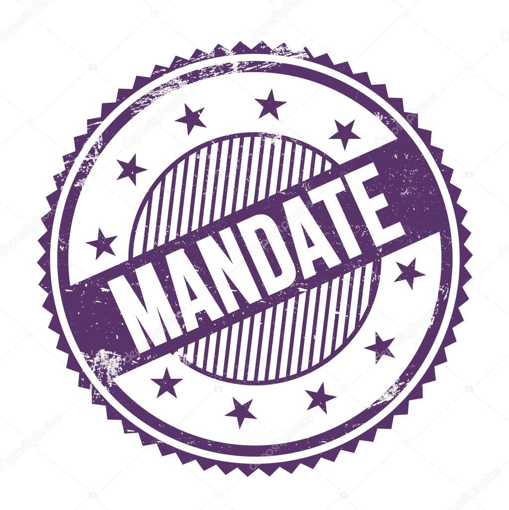 MANDATE text written on purple indigo grungy zig zag borders round stamp.