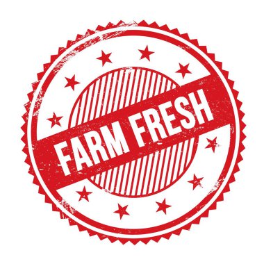 Kırmızı grungy zig zag kenarları yuvarlak mühür üzerine yazılmış FARM FRESH metin.