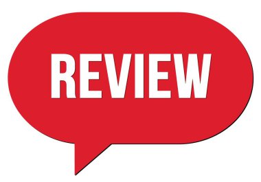Kırmızı bir konuşma kabarcığı damgasıyla yazılmış REVIEW metni