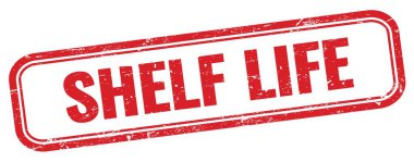 Kırmızı grungy dikdörtgen damgalı SHELF HAYAT metni.