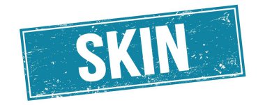 Mavi grungy dikdörtgen damga işareti üzerinde SKIN metin.
