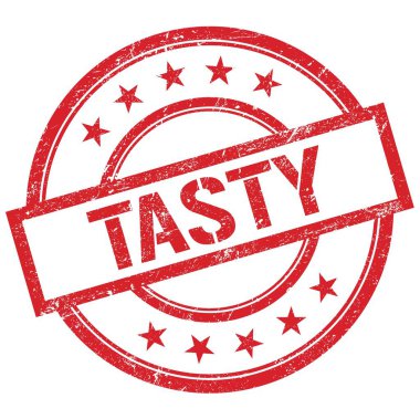 Kırmızı yuvarlak plastik damga üzerine yazılmış lezzetli metin.