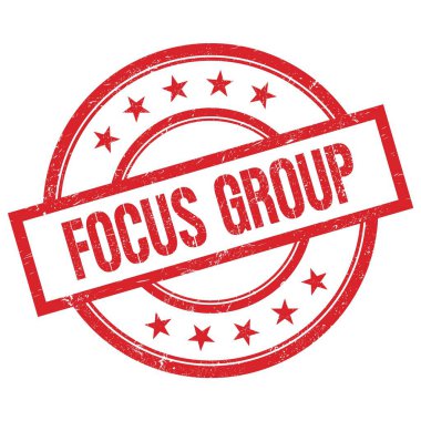 FOCUS GROUP metin kırmızı yuvarlak vintage kauçuk damga üzerine yazılmış.