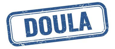 Mavi grungy vintage dikdörtgen damgalı DOULA metni.