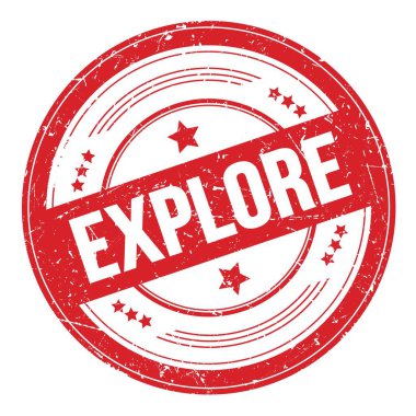 Kırmızı yuvarlak grungy desen damgası üzerine ExPLORE metin.
