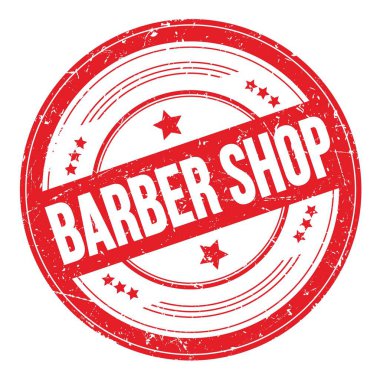 BarbER Mağazası 'nın kırmızı yuvarlak desen damgalı metni.