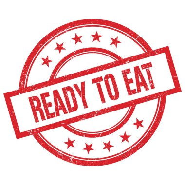 Kırmızı, yuvarlak, lastik damgalı metni yemeye hazır..