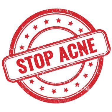 ACNE 'nin kırmızı, eski, pasaklı, yuvarlak, lastik damgalı metnini durdur.