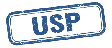 Mavi grungy vintage dikdörtgen damgalı USP metin.