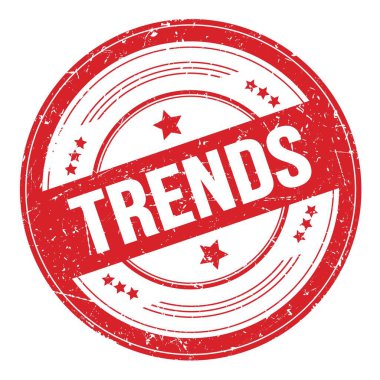Kırmızı yuvarlak, çirkin desen damgalı TRENDS metni.