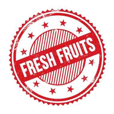 FRESH FRUITS metni kırmızı grungy zig zag kenarları yuvarlak pul üzerine yazılmış.
