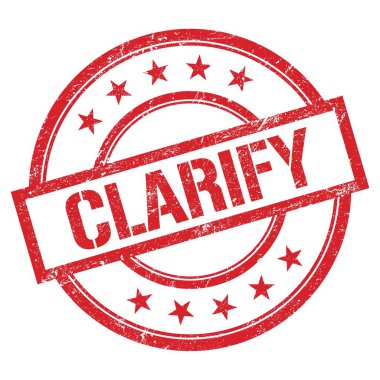 KLARIFY metin kırmızı yuvarlak vintage kauçuk damga üzerine yazılmış.