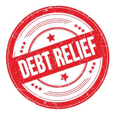 Kırmızı yuvarlak grungy desen damgalı DEBT RELIEF metin.
