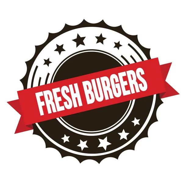 Fresh Burgers Text Red Brown Ribbon Badge Stamp — Stock Photo, Image