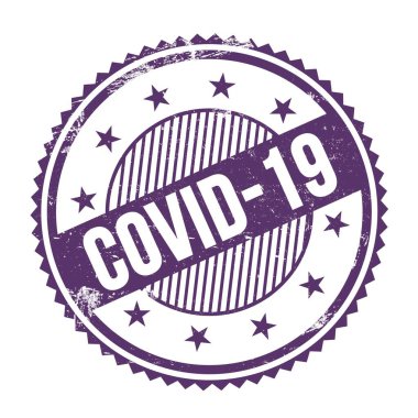 Mor indigo grungy zig zag kenarları üzerinde yazılmış COVID-19 metin yuvarlak pul.