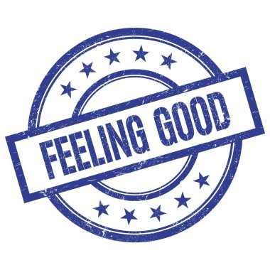 Mavi yuvarlak plastik damga üzerine yazılmış iyi bir metin hissediyorum..