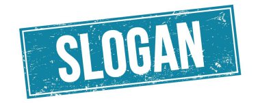 Mavi grungy dikdörtgen damga işareti üzerine SLOGAN metin.