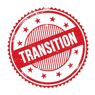 Kırmızı grungy zig zag kenarlarında yazılmış TRANSITION metni yuvarlak pul.