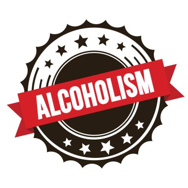 Kırmızı kahverengi rozet damgasında ALCOHOLISM metni.