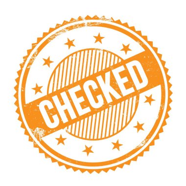 Turuncu grungy zig zag kenarları üzerine yazılmış CHECKED metni yuvarlak pul.