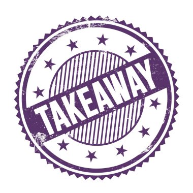 Mor indigo grungy zig zag kenarları yuvarlak mühür üzerine yazılmış TAKEAway metin.