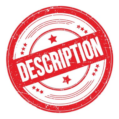 Kırmızı yuvarlak grungy desen damgalı DESCRIPTION metin.
