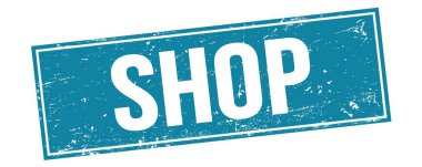 Mavi grungy dikdörtgen damga işareti üzerinde mağaza metni.
