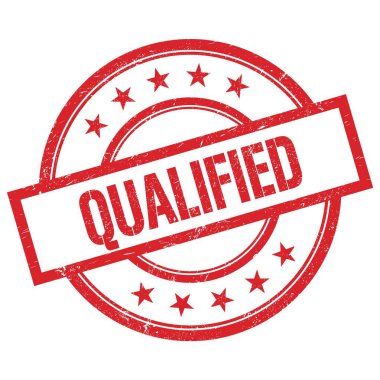 Kalifiye edilmiş kırmızı yuvarlak plastik damga üzerine yazılmış metin.