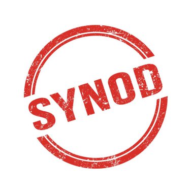 Kırmızı grungy vintage yuvarlak damga üzerine yazılmış SYNOD metni.