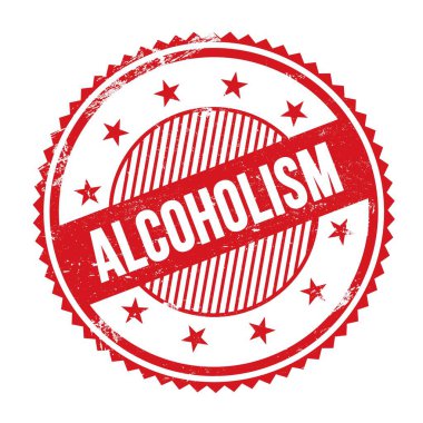 Kırmızı grungy zig zag kenarlarında yazılmış ALCOHOLISM metni yuvarlak pul.