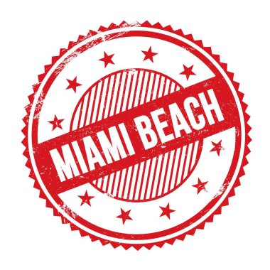 MIAMI BEACH kırmızı grungy zig zag kenarları yuvarlak mühür üzerine yazılmış metin.