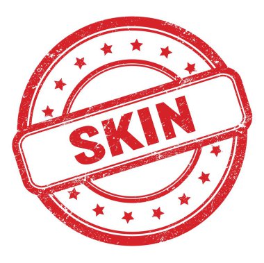 Kırmızı grungy vintage yuvarlak kauçuk damgalı SKIN metin.