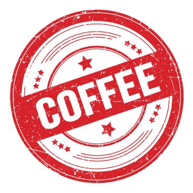 Kırmızı yuvarlak grungy desen damgası üzerine kahve metni.