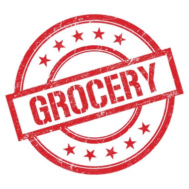 GROCERY metin kırmızı yuvarlak vintage kauçuk damga üzerine yazılmış.