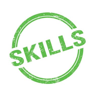 Yeşil grungy vintage yuvarlak pulu üzerine yazılmış SKILLS metni.