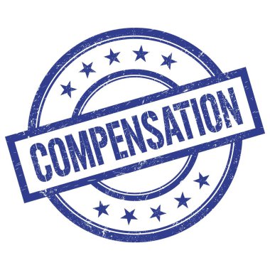 Mavi yuvarlak vintage kauçuk damga üzerine yazılmış COMPENSATION metni.