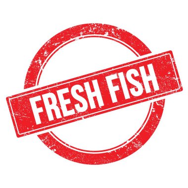 Kırmızı grungy yuvarlak vintage pul üzerinde FRESH FISH Balığı metni.
