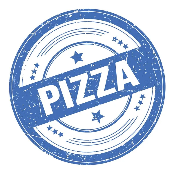 Pizza Słowo Napisane Niebieskim Okrągłym Znaczku Grungowym — Zdjęcie stockowe
