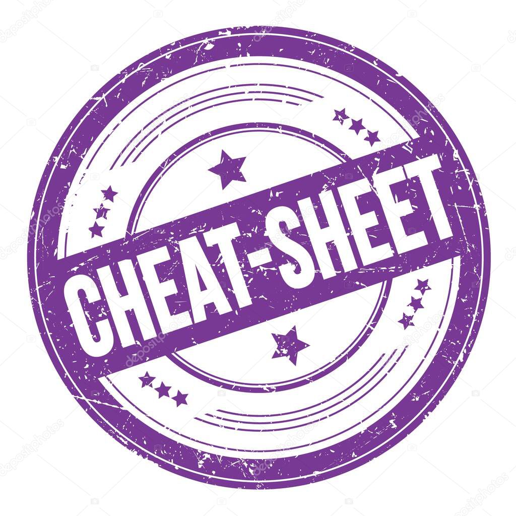 CHEAT-SHEET text on violet indigo round grungy texture stamp.