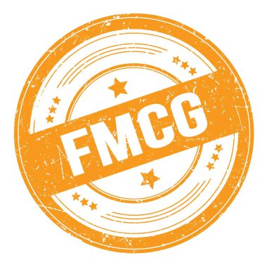 Turuncu yuvarlak grungy doku damgası üzerine FMCG metni.