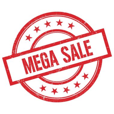 Kırmızı yuvarlak lastik damga üzerine yazılmış MEGA satış metni.