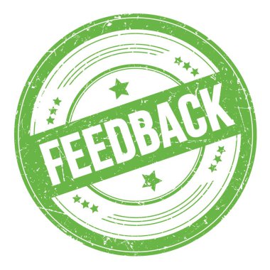 Yeşil yuvarlak grungy doku damgası üzerine FEEDback metni.
