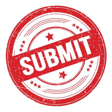 Kırmızı yuvarlak grungy doku damgası üzerine SUBMIT metni.