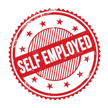 SELF EMPLOYED metin kırmızı grungy zig zag kenarları yuvarlak pul üzerine yazılmış.